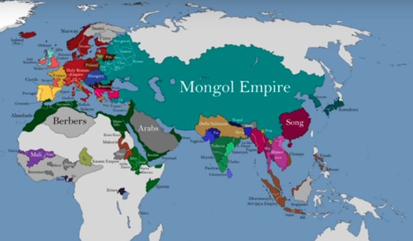 A map illustrating the vast extent of the Mongol Empire at its peak.